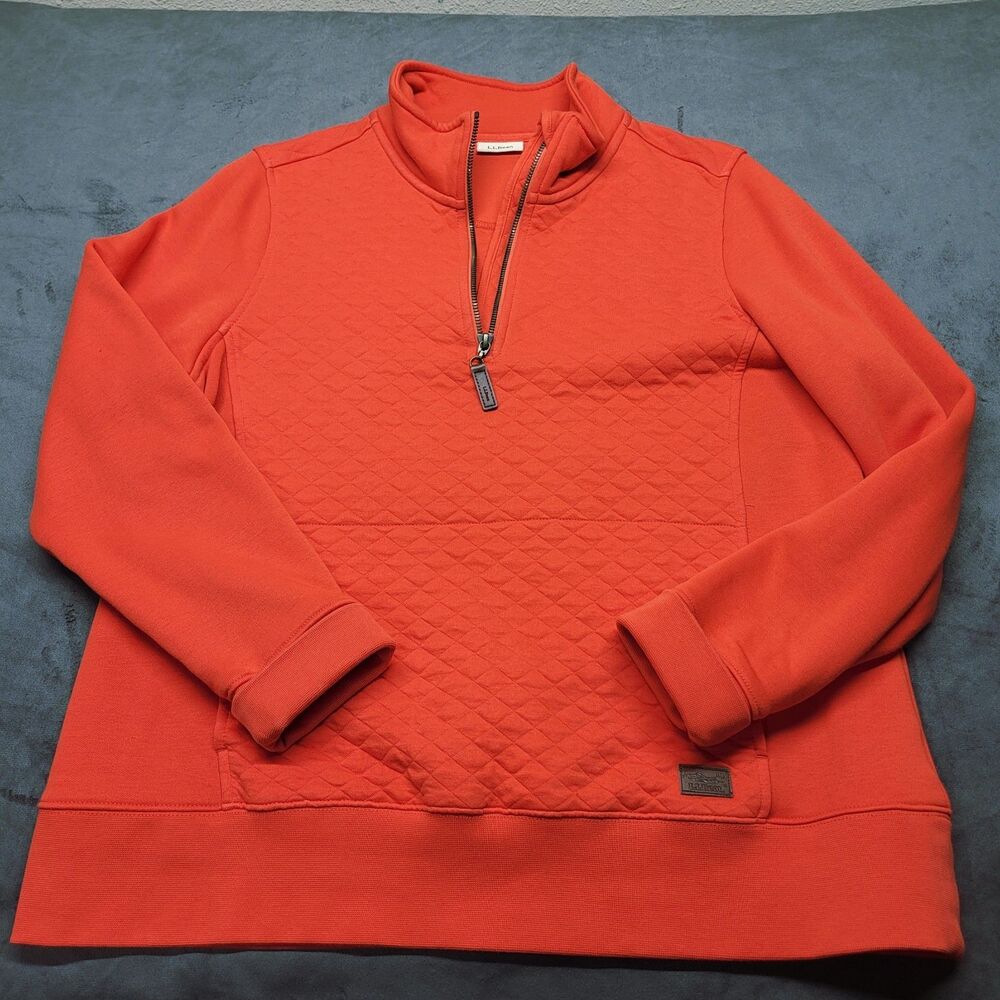 Womens L.L. Bean Quilted Quarter Zip Pullover Mock Neck Orange Petite Large